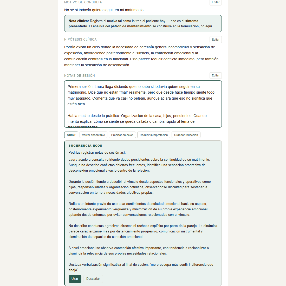 Expediente demo de ECOS con historial de sesiones y nota clínica